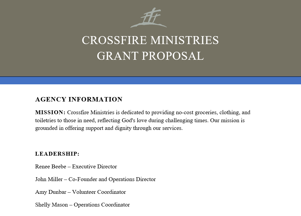 First page excerpt of a grant proposal for Crossfire Ministries, showing the Agency Information including Mission and Leadership.