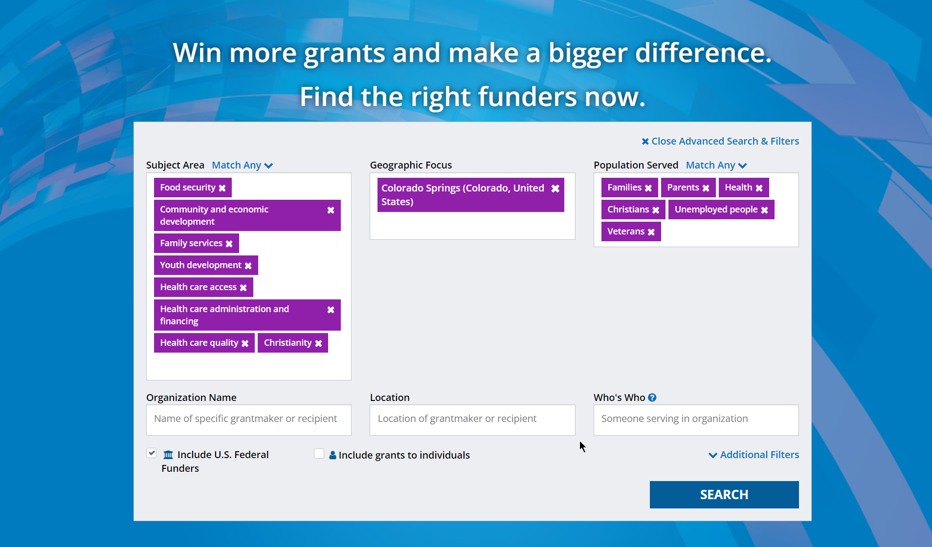 Screenshot of the Candid Foundation Directory grant search interface showing filters applied for Subject Area, Geographic Focus, Population Served, and Organization Type.