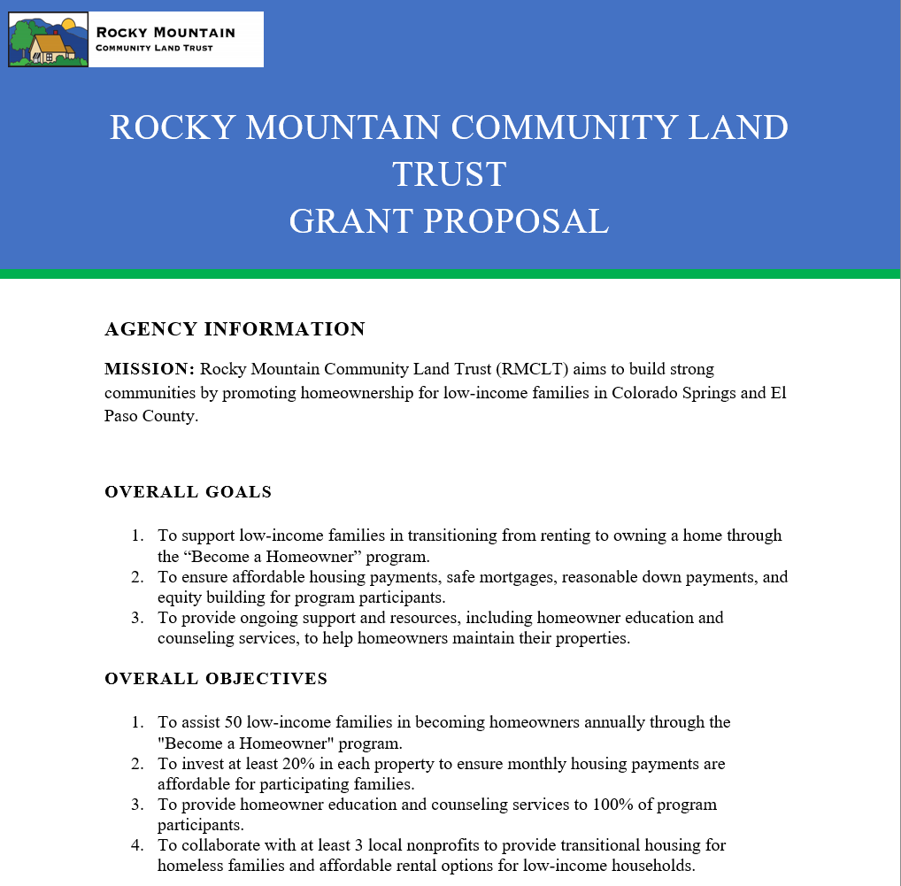First page excerpt of a grant proposal for Rocky Mountain Community Land Trust, showing Mission, Overall Goals, and Overall Objectives.