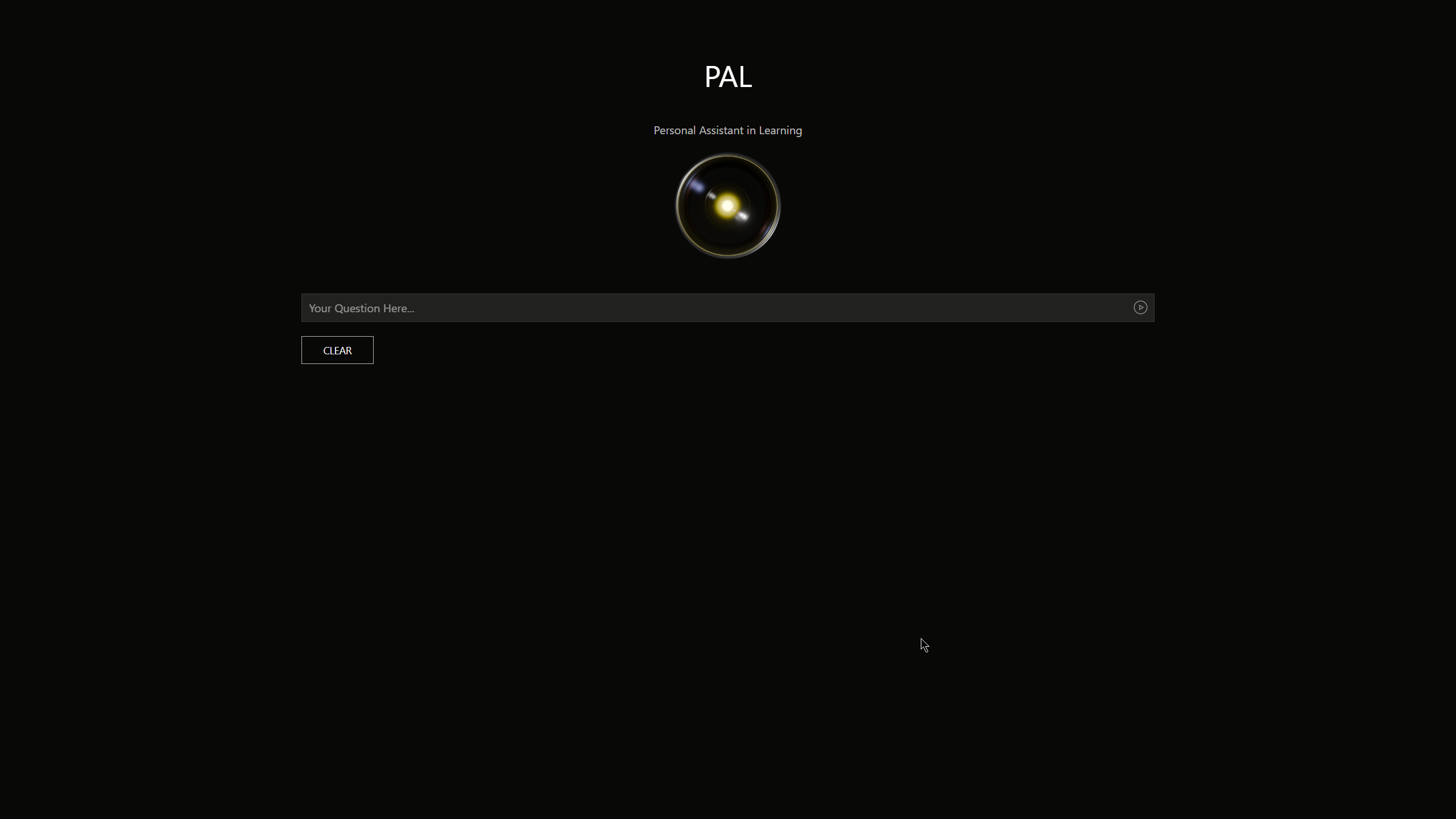 Screenshot of the original PAL interface showing a stark black background, a central glowing icon, a simple text input box, and a 'Clear' button.