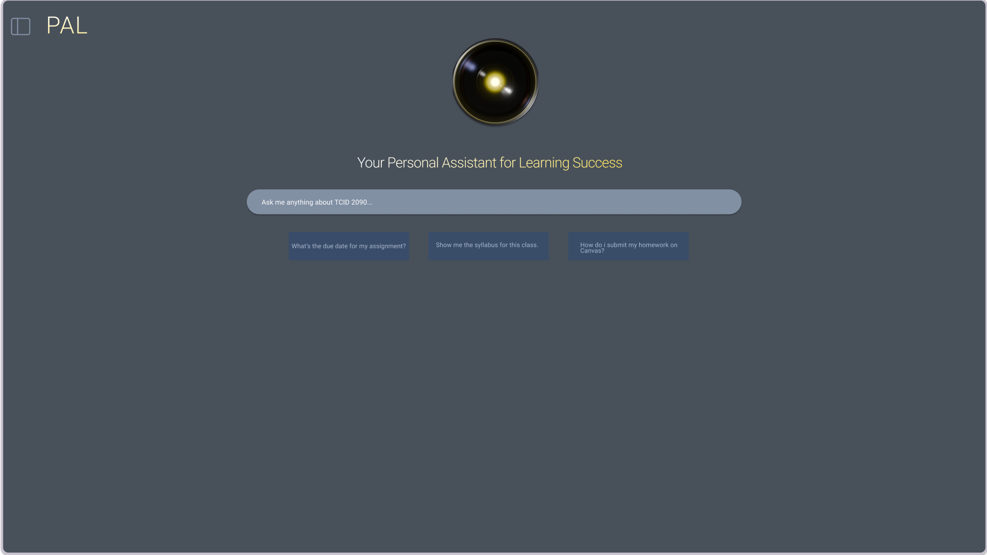 Screenshot of the redesigned PAL homepage prototype in Figma, featuring a soft blue-grey background, the central icon, a larger query box with placeholder text, and clickable example prompts below.