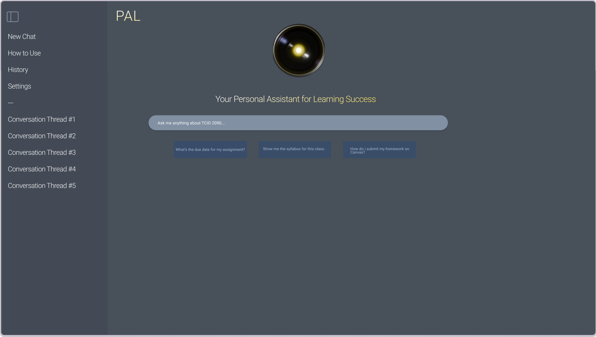 Screenshot of the redesigned PAL prototype in Figma, showing the homepage view with an expanded left-hand sidebar containing options like 'New Chat', 'How to Use', 'History', 'Settings', and expandable Conversation Threads.