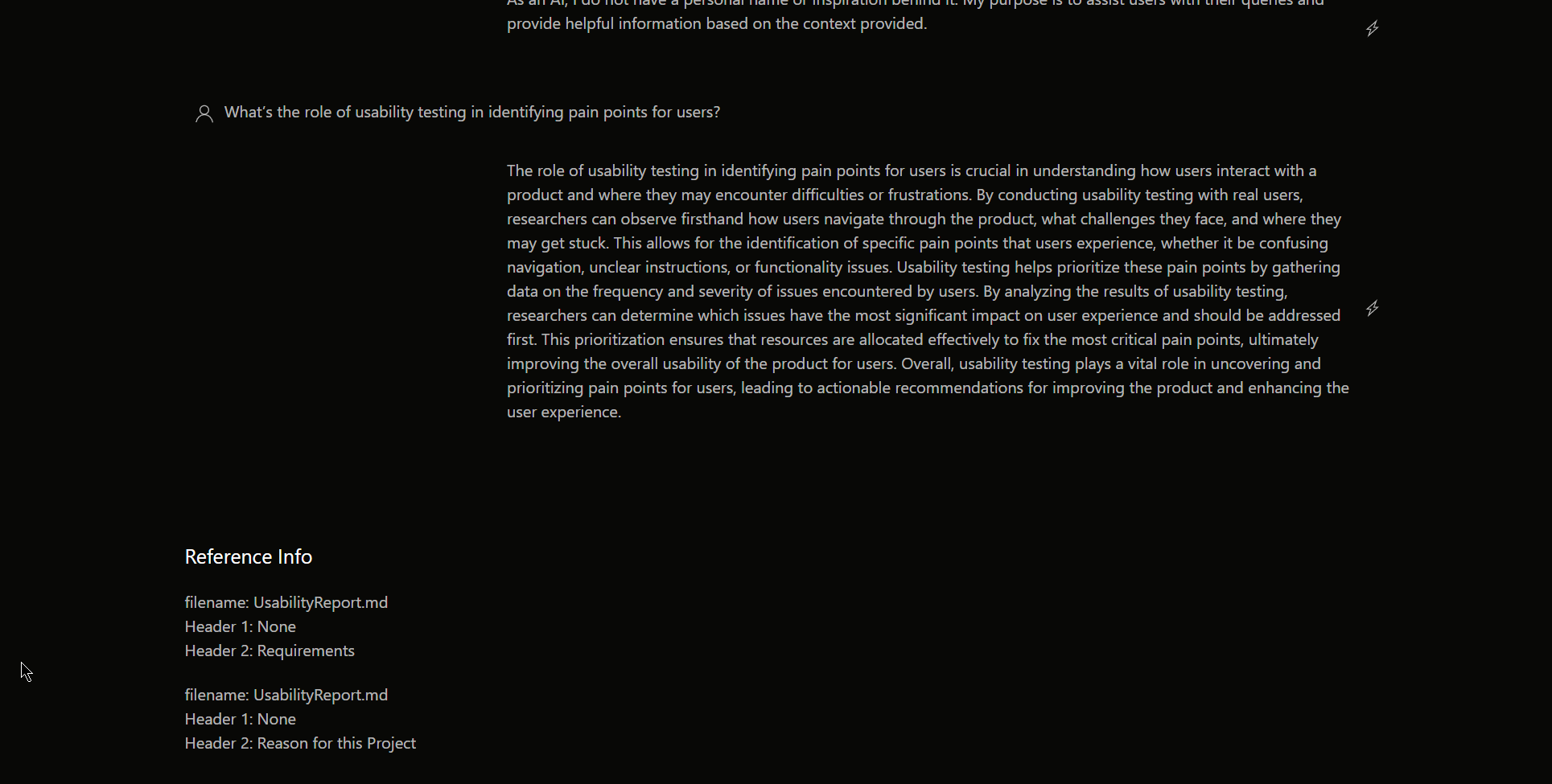 Screenshot of the original PAL interface's conversation view, showing query, response, and cluttered reference info below.