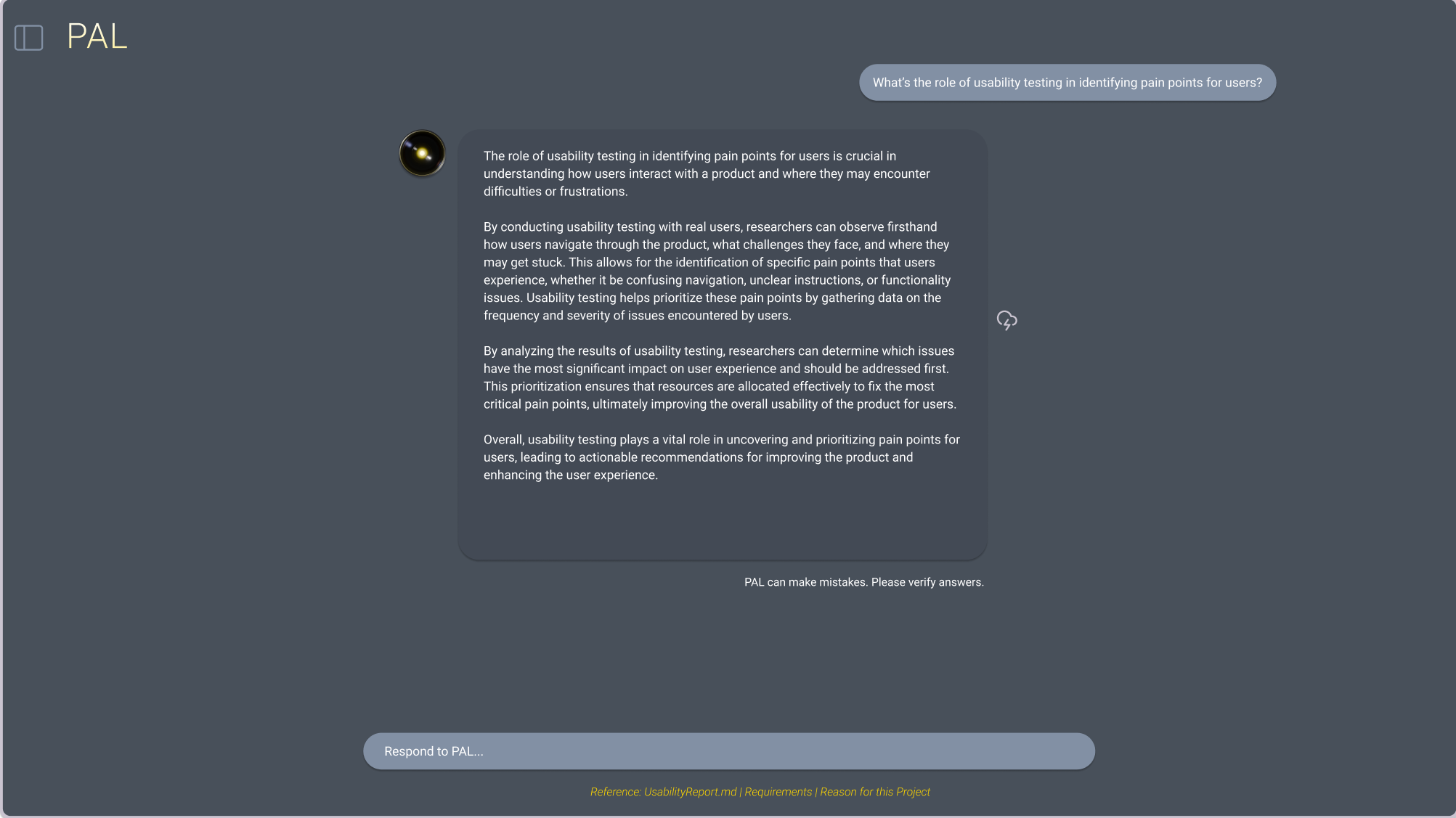 Screenshot of the redesigned PAL prototype conversation view in Figma, displaying user queries and chatbot responses in a chat bubble format, with reference information moved below the input box.