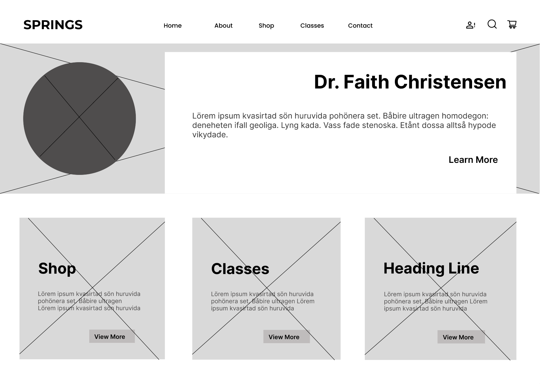 Low-fidelity wireframe prototype created in Figma, showing basic layout blocks for the Springs Natural Medicine homepage (header, hero section, content cards).