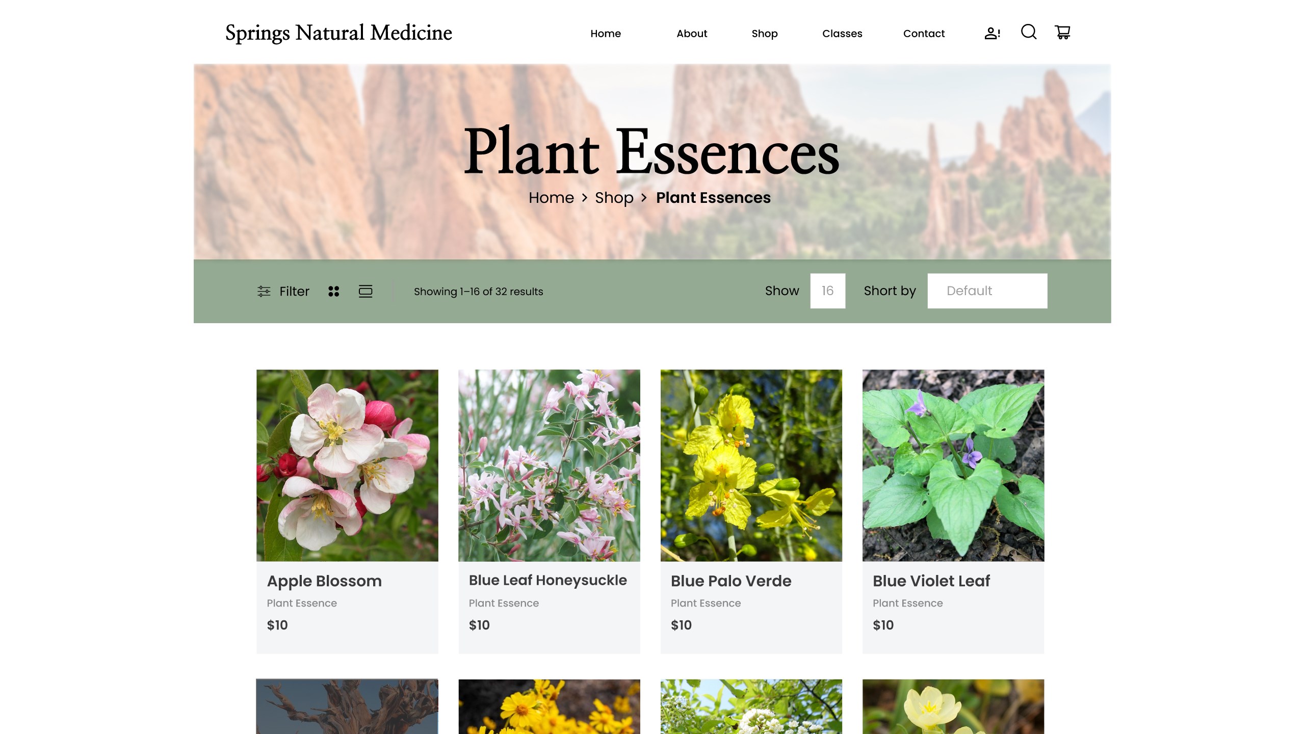 High-fidelity prototype screenshot of the redesigned Plant Essences shop page, created in Figma, showing product filtering, sorting options, and clear product image cards with names and prices.