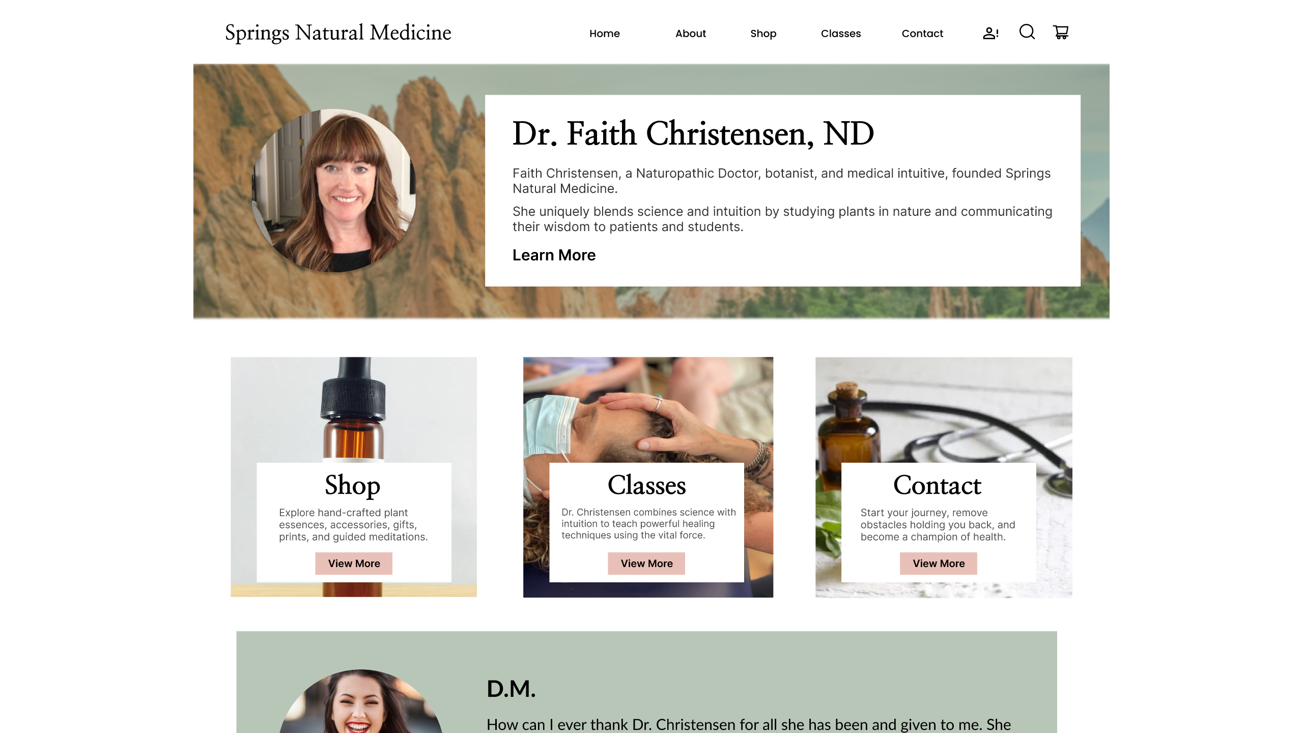 High-fidelity prototype screenshot of the redesigned Springs Natural Medicine homepage, created in Figma, featuring a hero image, clear navigation, and content cards.