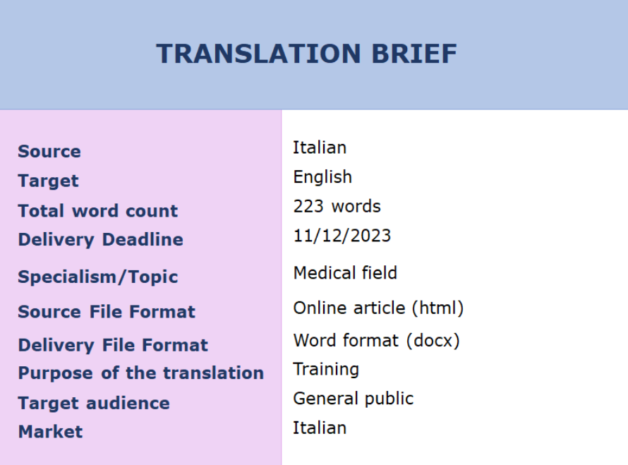 Translation brief detailing the project: Source Italian, Target English, 223 words, Medical Field topic, Delivery format Word docx, Purpose Training, Audience General Public.