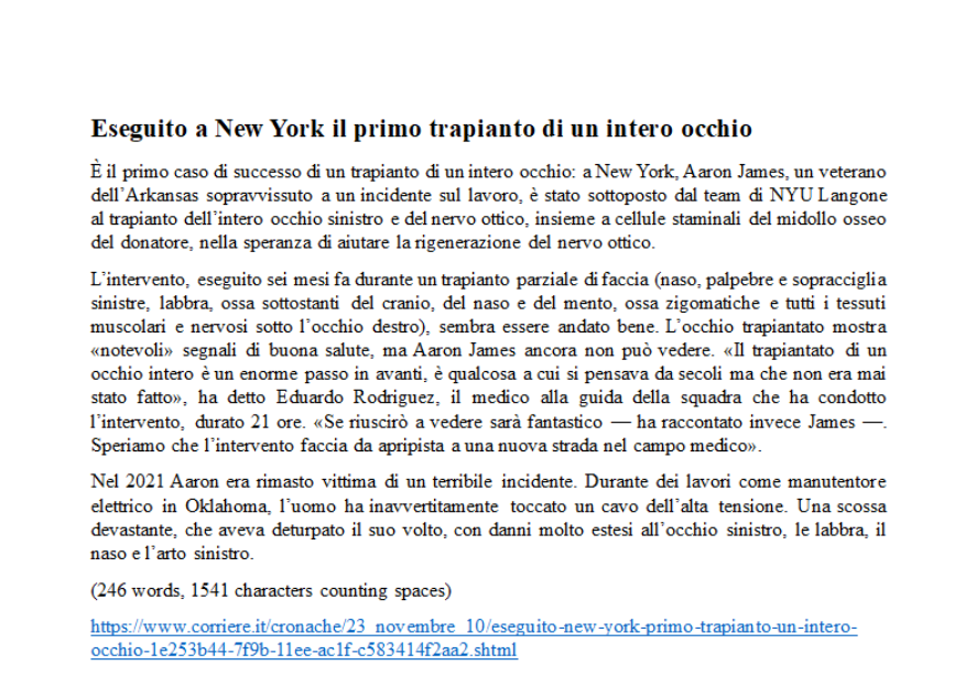Screenshot of the original Italian news article text about the eye transplant.