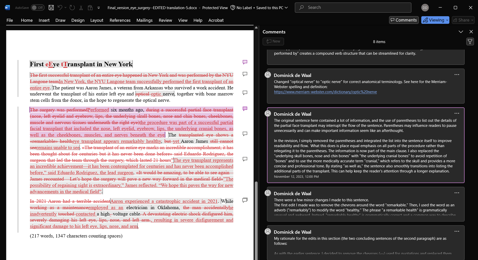 Screenshot of the edited English translation in MS Word, showing tracked changes and comment bubbles explaining edits related to sentence structure, word choice ('optic nerve'), and flow.