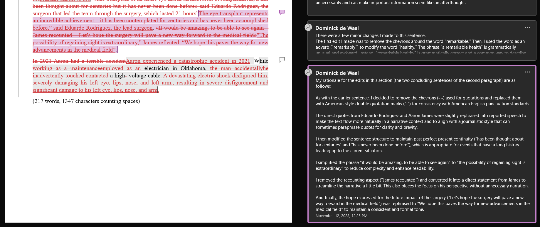 Screenshot continuation of the edited English translation in MS Word, showing more tracked changes and comments explaining edits to verb tense, punctuation (quotations), and streamlining phrasing.