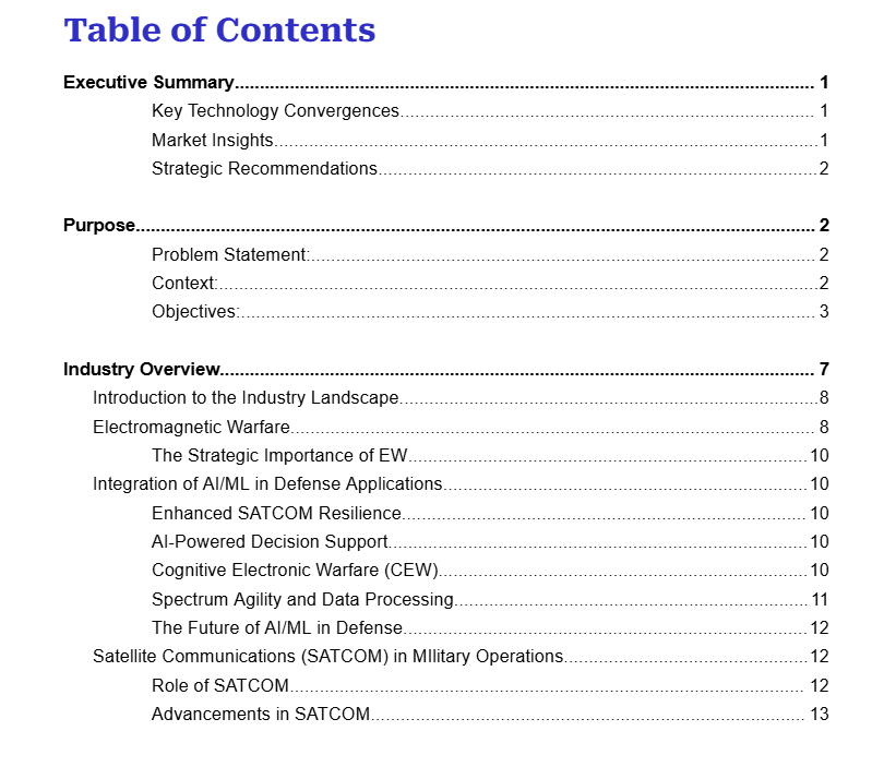 Table of Contents for the Electronic Warfare Market Research Report, showing sections like Executive Summary, Industry Overview (including EW, AI/ML, SATCOM), Market Analysis, and Strategic Recommendations.