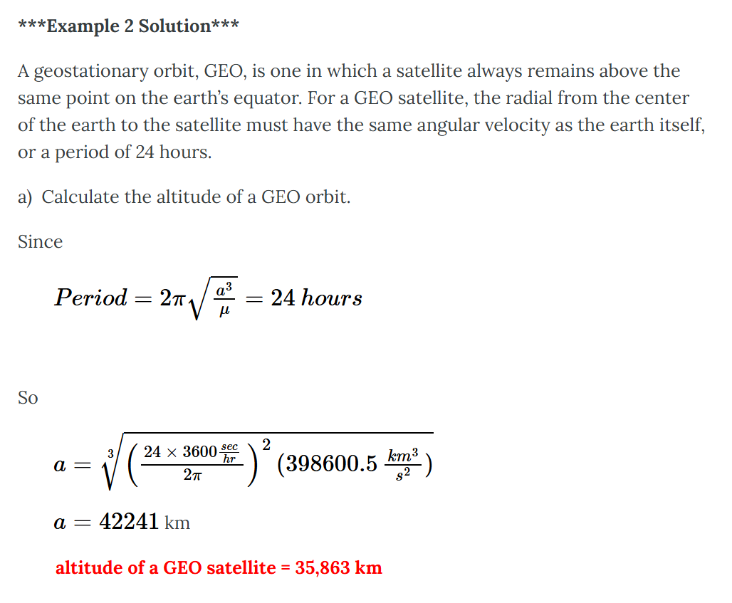 Screenshot of a solved example problem calculating the altitude of a GEO satellite, featuring complex equations.