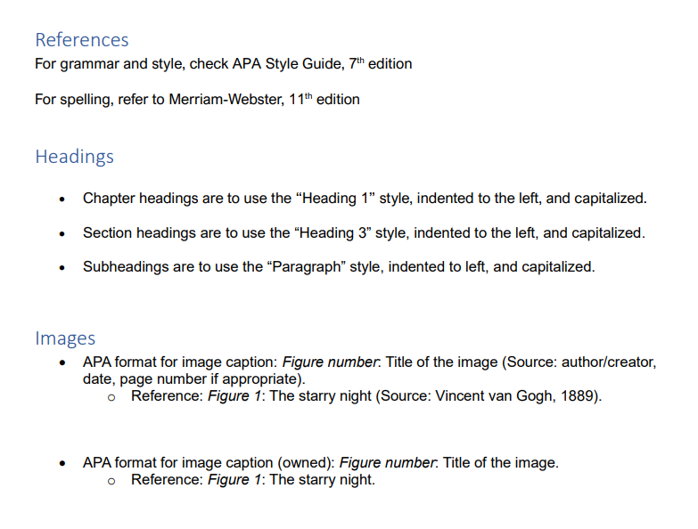 Excerpt from the style guide showing rules for References (APA 7th, Merriam-Webster), Headings (style, indentation, capitalization), and Images (APA caption format).